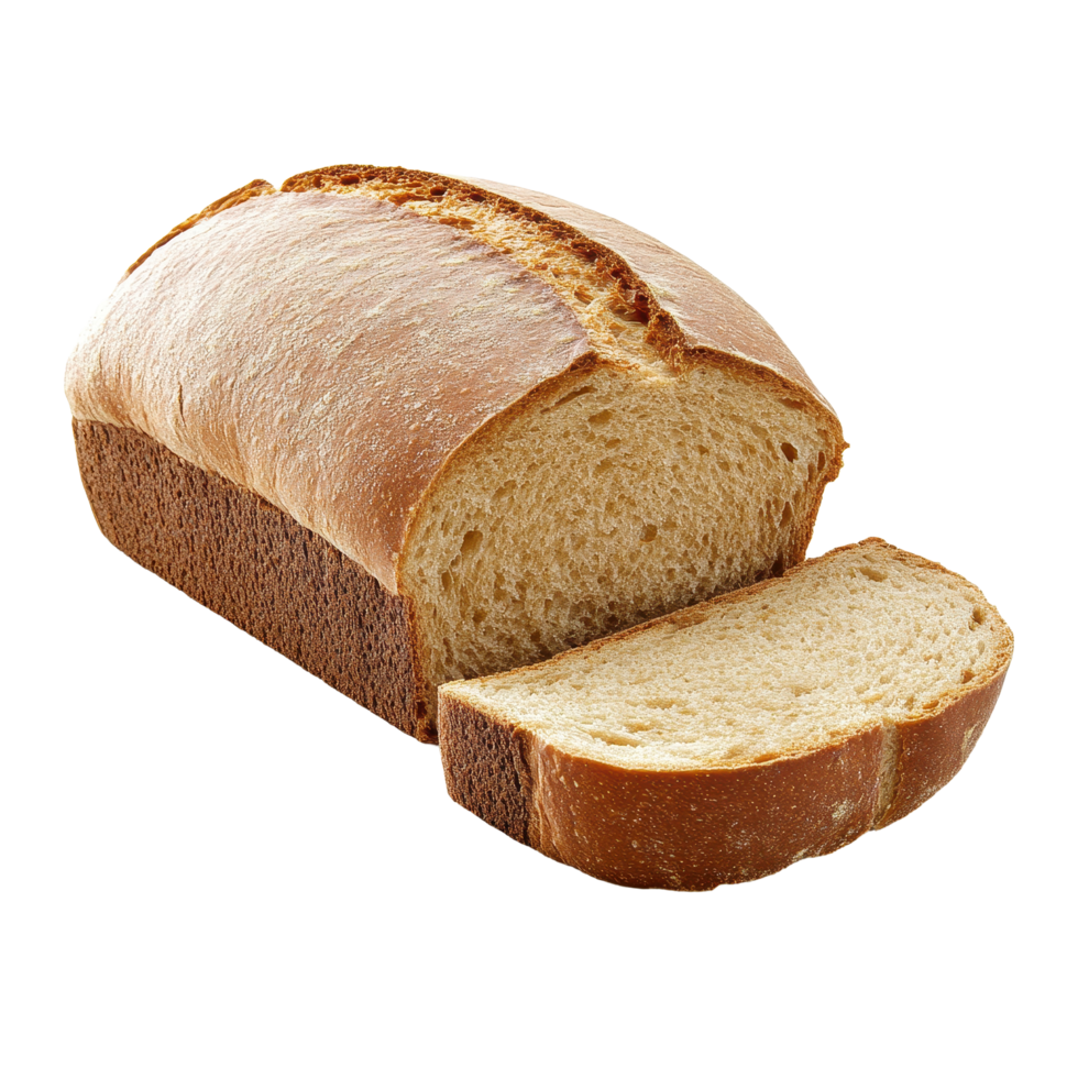 Freshly baked loaf of bread with a perfect slice cut out isolated on white background, Bread with slice isolated onisolated on white background png