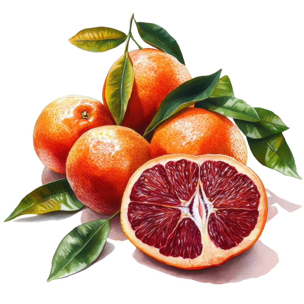 Blood oranges with leaves arranged on a white background showing vibrant colors and details, blood oranges on white background png