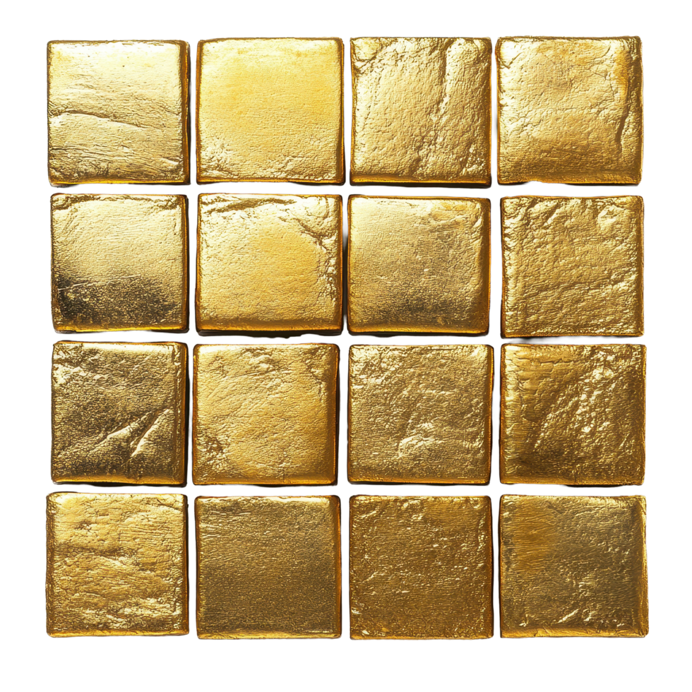 Closeup view of multiple gold bricks arranged on a Transparent background, Closeup photo gold bricks isolated on background png