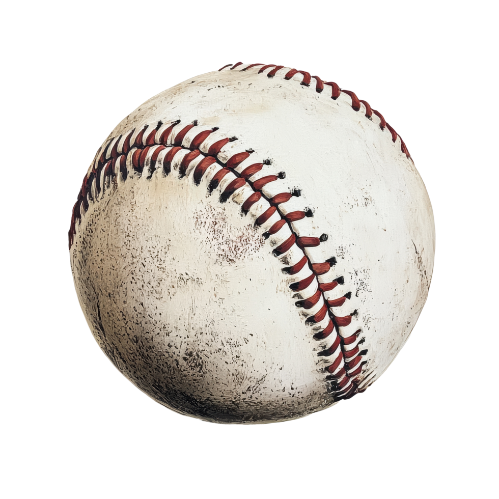 Worn baseball lying on a white surface showcasing detailed stitching and faded texture, Used baseball png