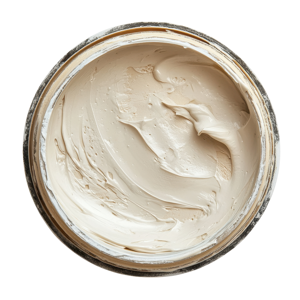 Creamy paint in a round container viewed from the top with smooth texture and soft color details, Paint, cream in a round container, top view, isolated on Transparent background png