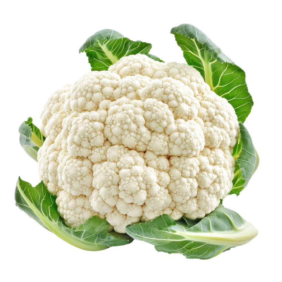 Fresh cauliflower isolated on a white background with green leaves, showcasing its texture and natural colors, Cauliflowerisolated on white background png