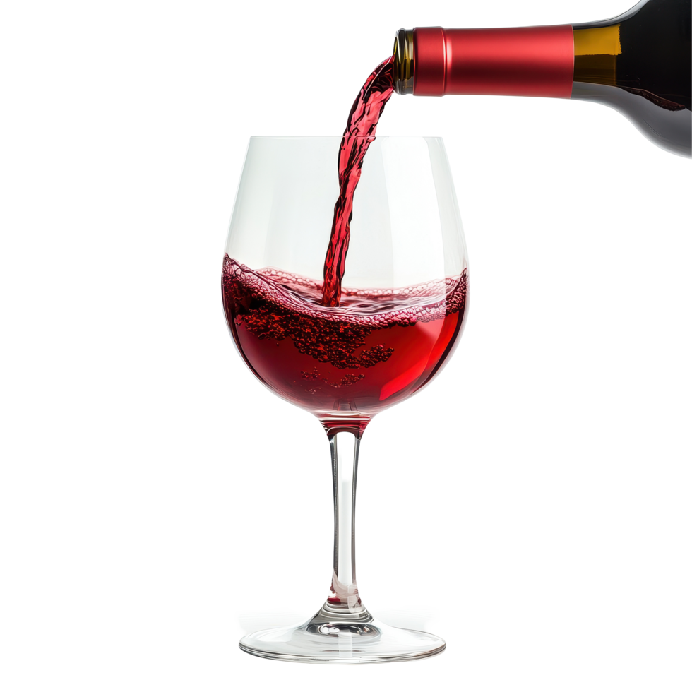 Perfectly poured red wine fills a glass against a clean white backdrop, Red wine pouring in glass on white view png