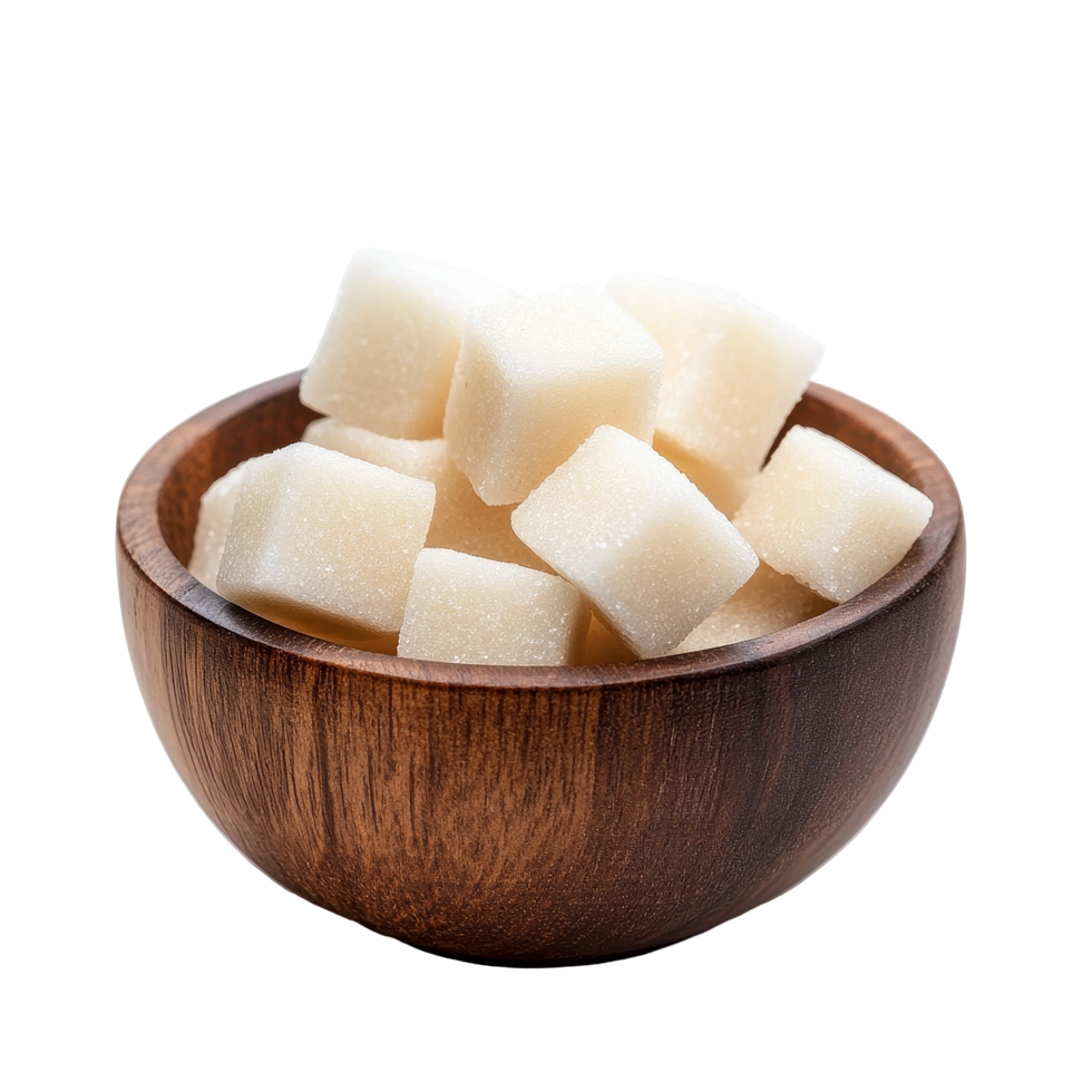 Sugar cubes arranged in a wooden bowl on a clean Transparent background showcasing simplicity and elegance, Sugar cube in wood bowl isolated on background png
