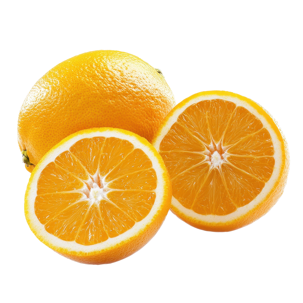 Fresh orange fruit displaying whole and sliced segments against a clean Transparent background, of orange fruit isolated on background png