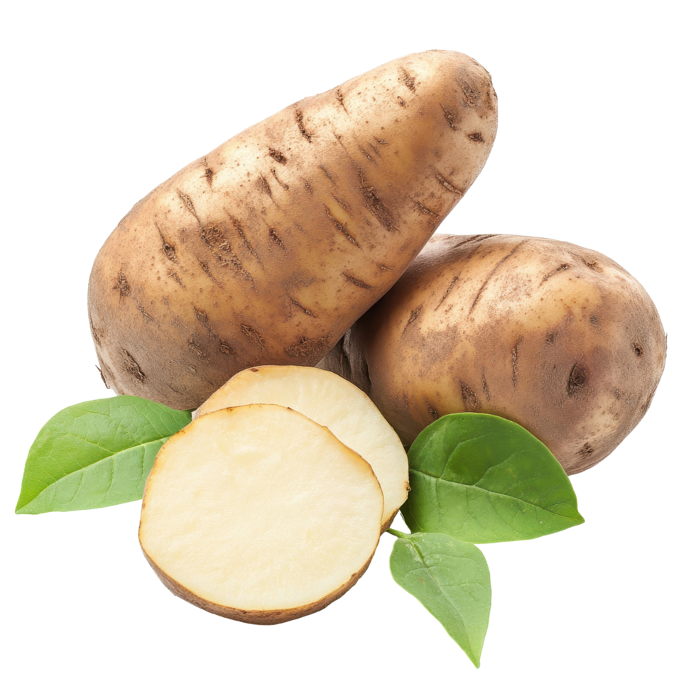 Fresh yam potato with leaf isolated on Transparent background for culinary use in various recipes, yam potato with leaf isolated on background png