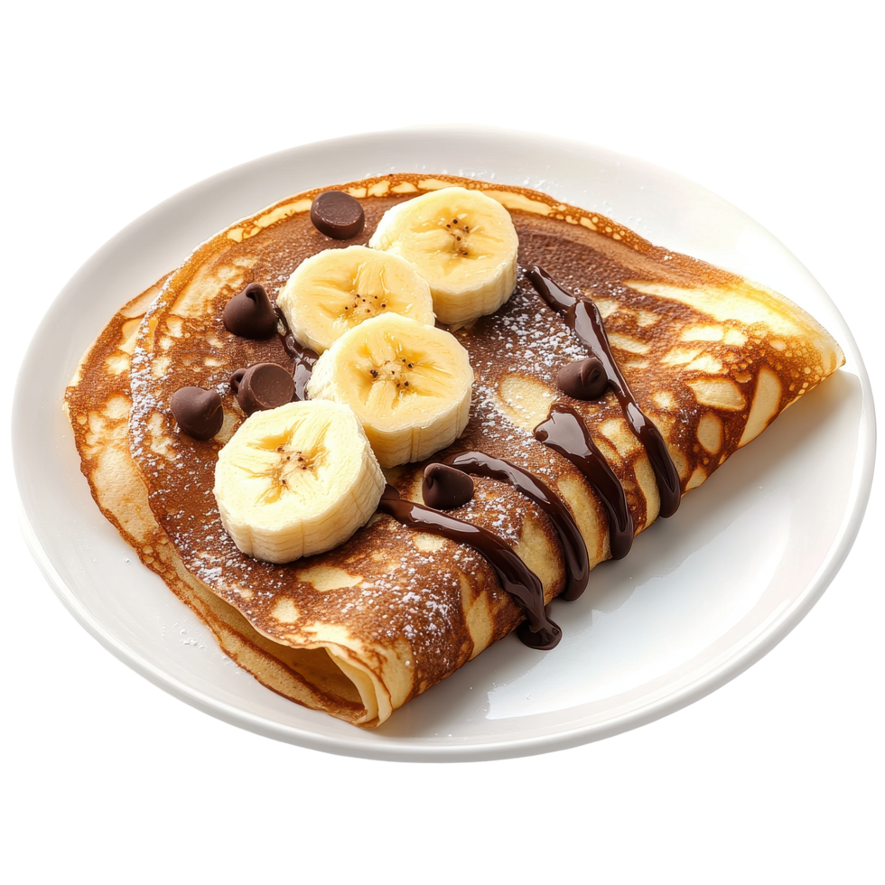 Delicious crepes filled with chocolate and banana served on a white plate, Crepes with chocolate and banana, isolated on Transparent background png