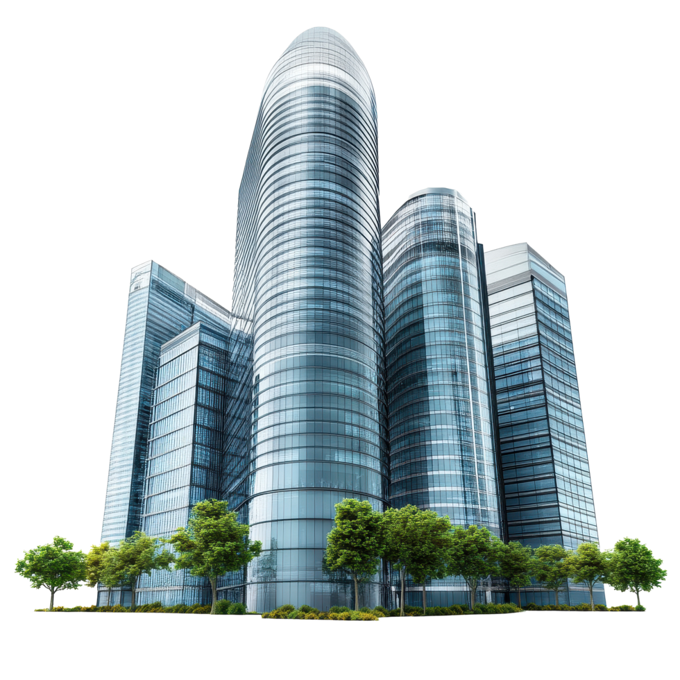Modern office buildings showcasing sleek architecture and glass facades in an urban setting, Modern Office Buildings isolated on Transparent background png