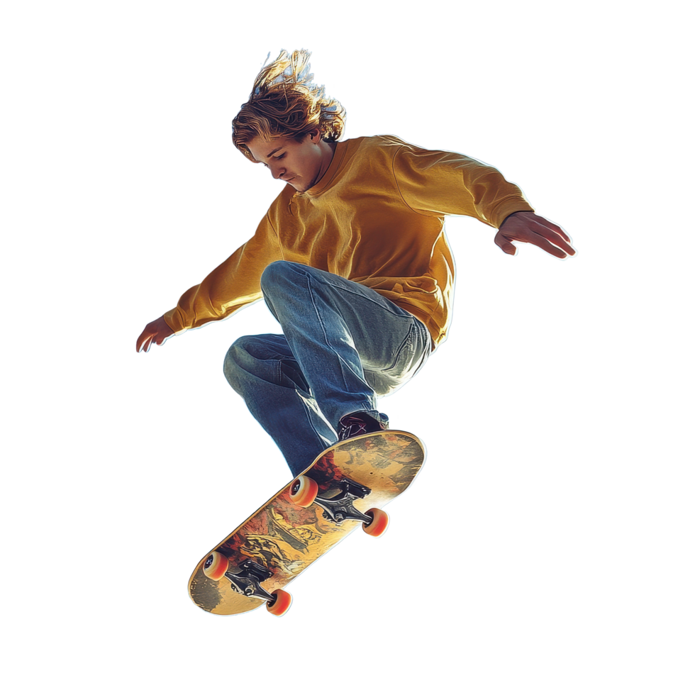 Young male skateboarder performs a high jump against a bright blue sky on a sunny day, Skateboarder young male jumping high png