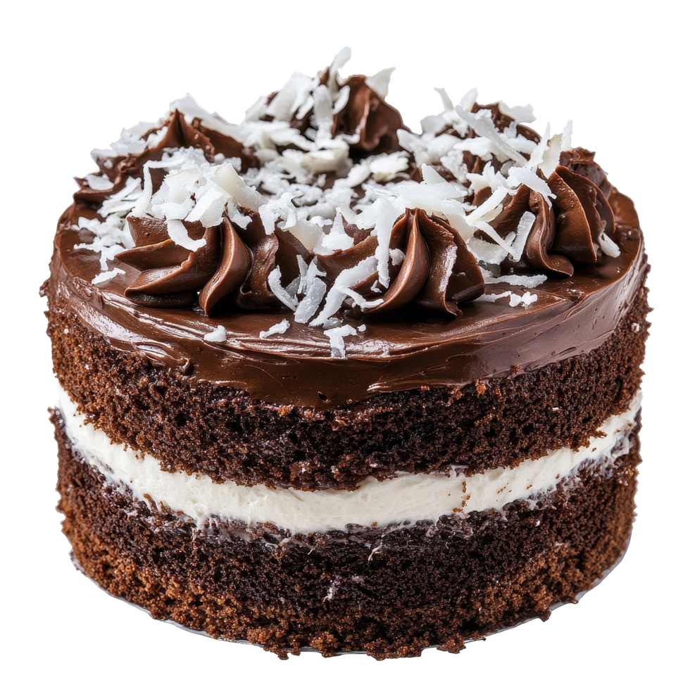 Decadent chocolate coconut cake sitting alone on a white surface with creamy frosting and shredded coconut decorations, chocolate coconut cake isolated on white background png