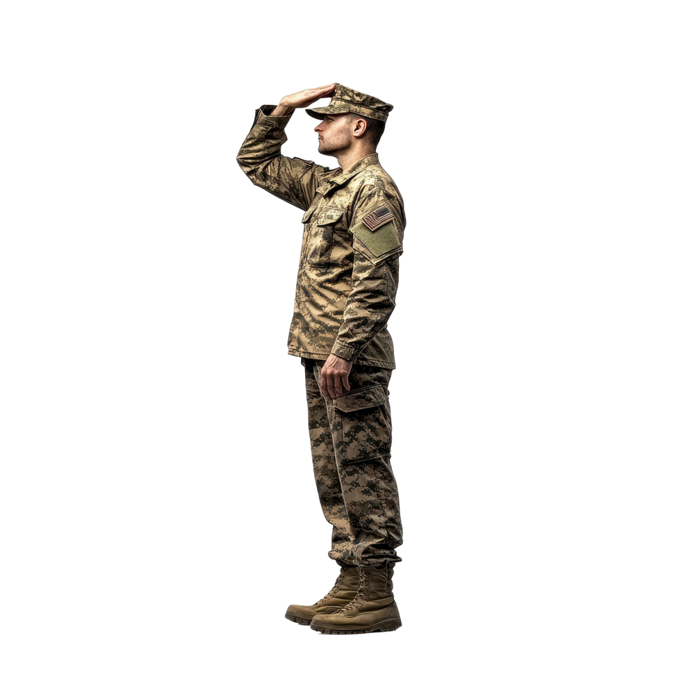 Veteran military soldier in uniform performing a salute with respect and pride while standing isolated, Veteran military salute saluting isolated soldier uniform png