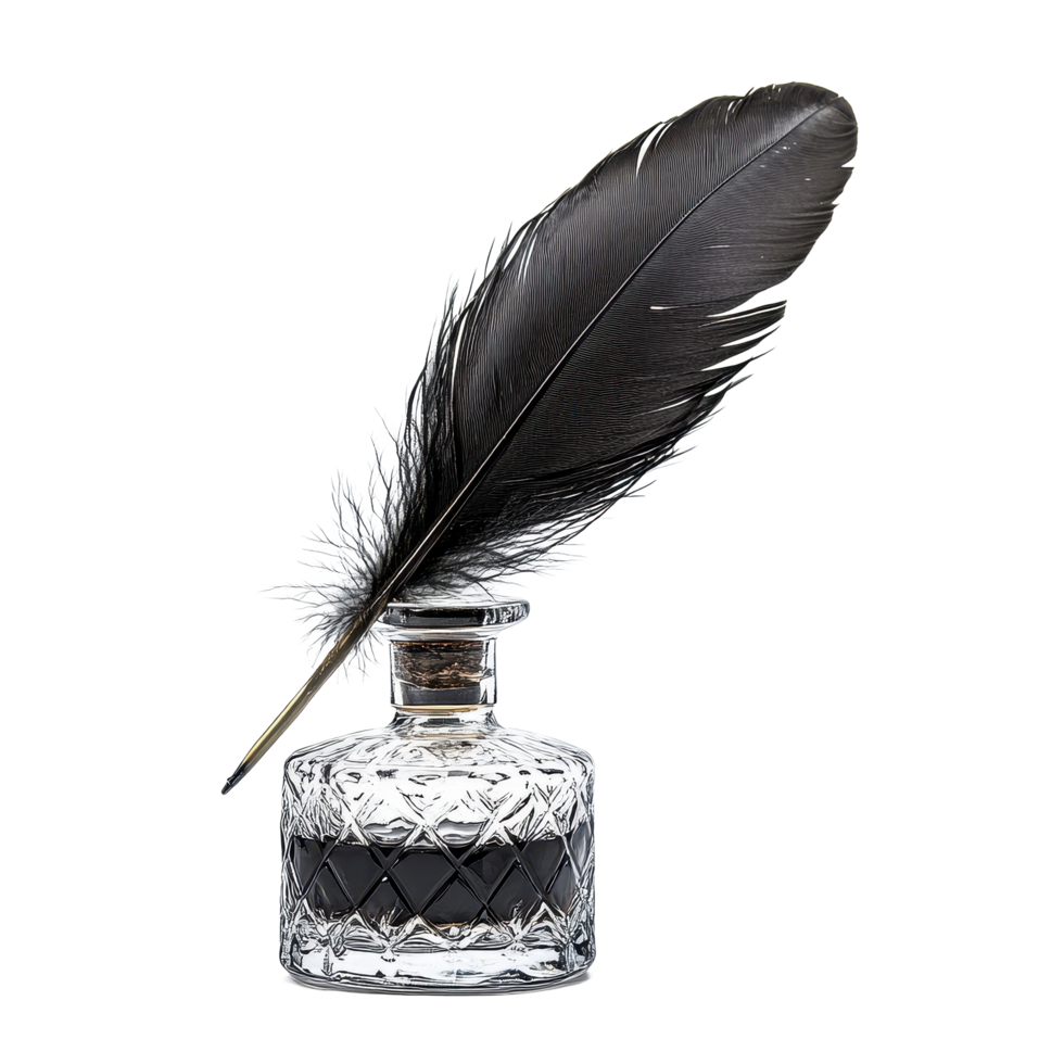 Elegant feather quill pen and glass inkwell on white background for artistic expression, Feather quill pen and glass inkwell isolated on a white background png