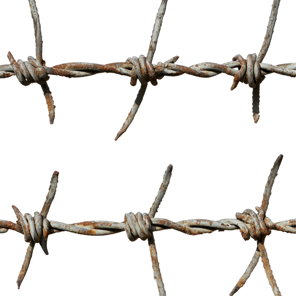 Barbed wire fence close up with rusty details against a Transparent background, Steel Barbed Wire Fence background png