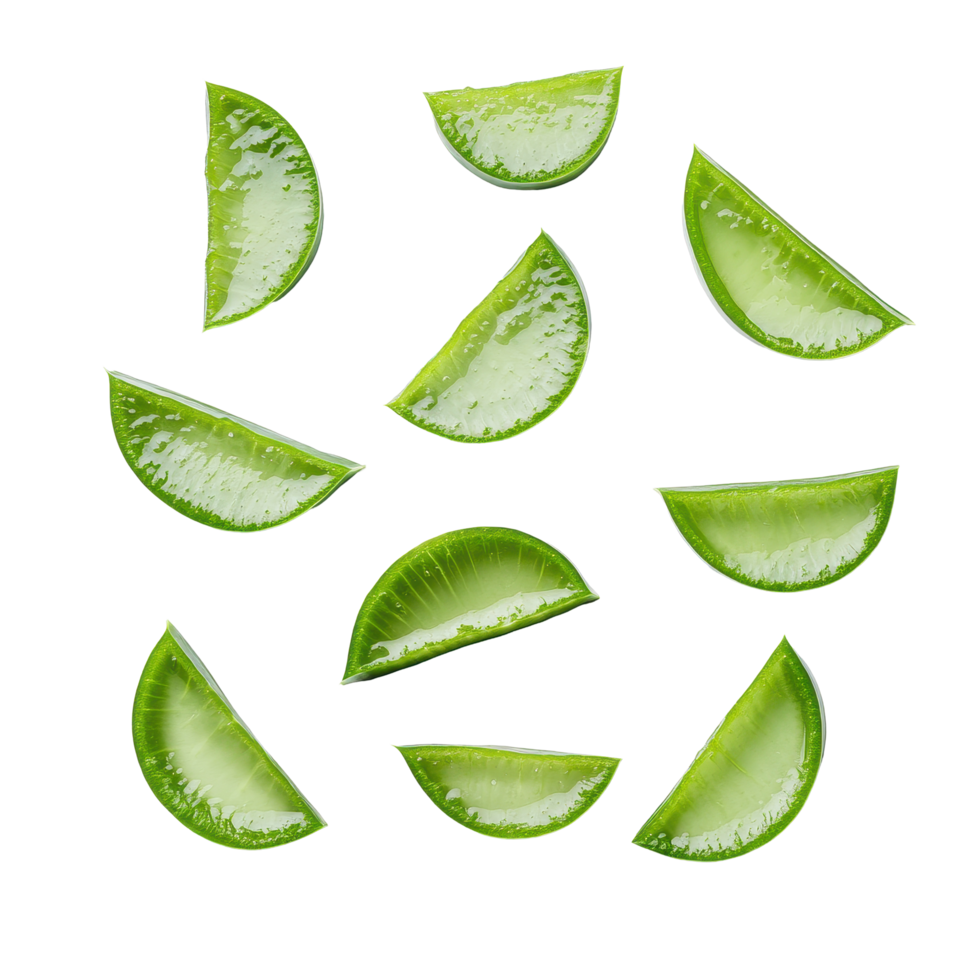 Freshly sliced aloe vera leaves arranged in a visually appealing pattern on a white background, Fresh Aloe vera leaves sliced top view white background png