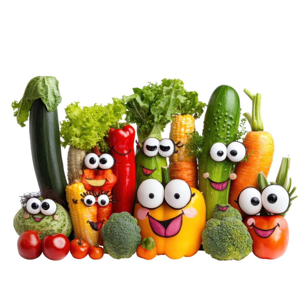 Vegetables with faces on a white background create a fun and playful display of garden produce, group vegetables with faces and eyes, white background png