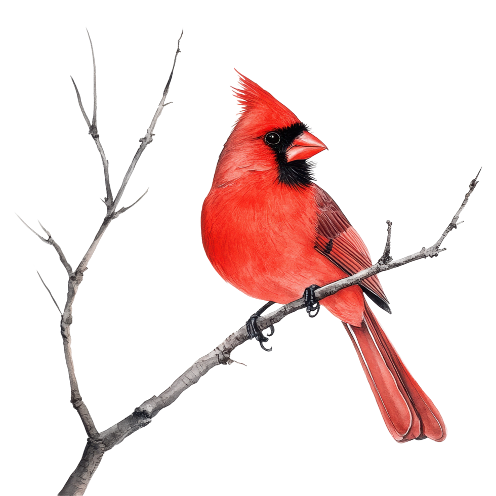 Red winter cardinal perched gracefully on a bare branch against a Transparent background, Red winter cardinal bird perched on a branch, background png