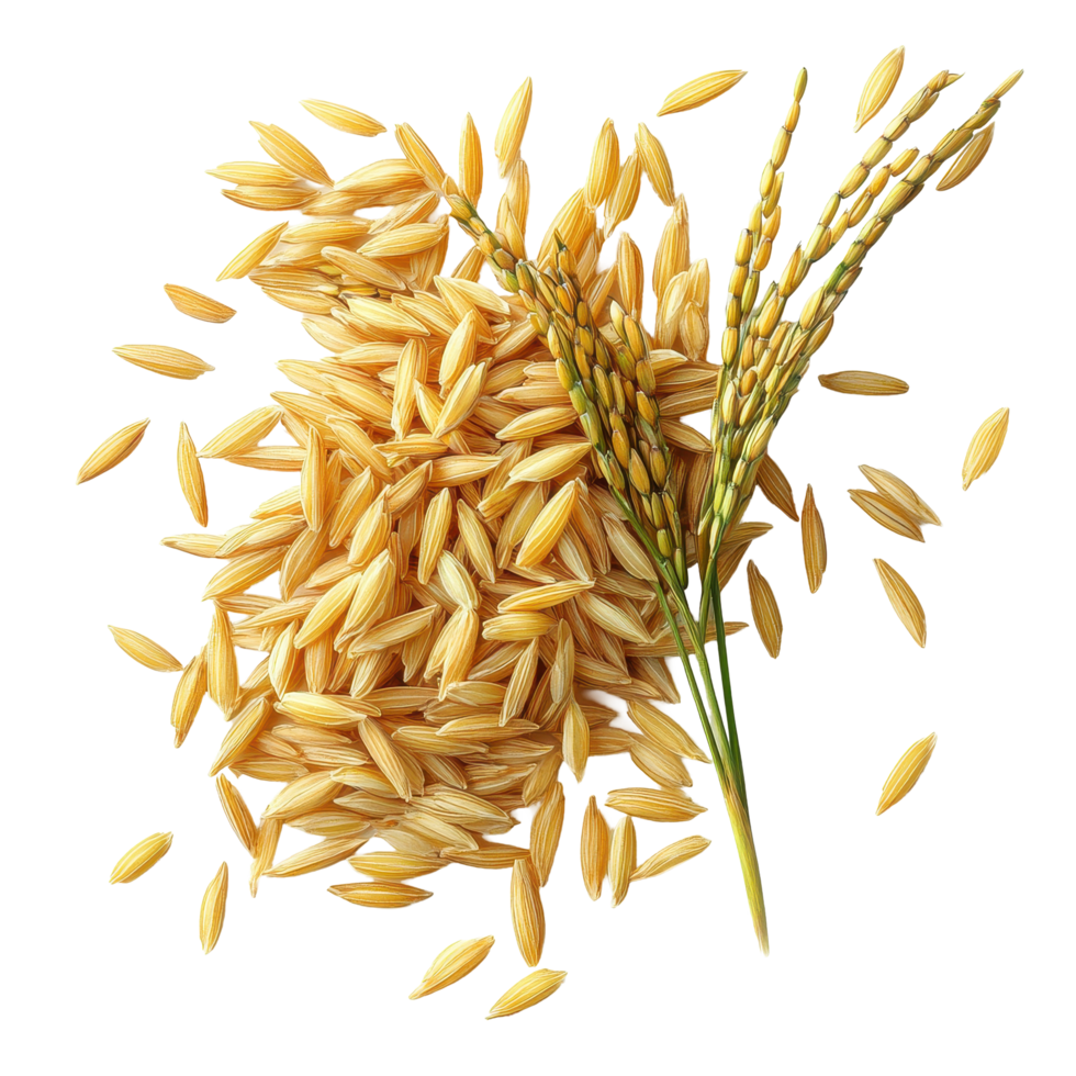 Top view of paddy rice grains and stalks on a Transparent background highlighting their natural details, Paddy rice top view on background png