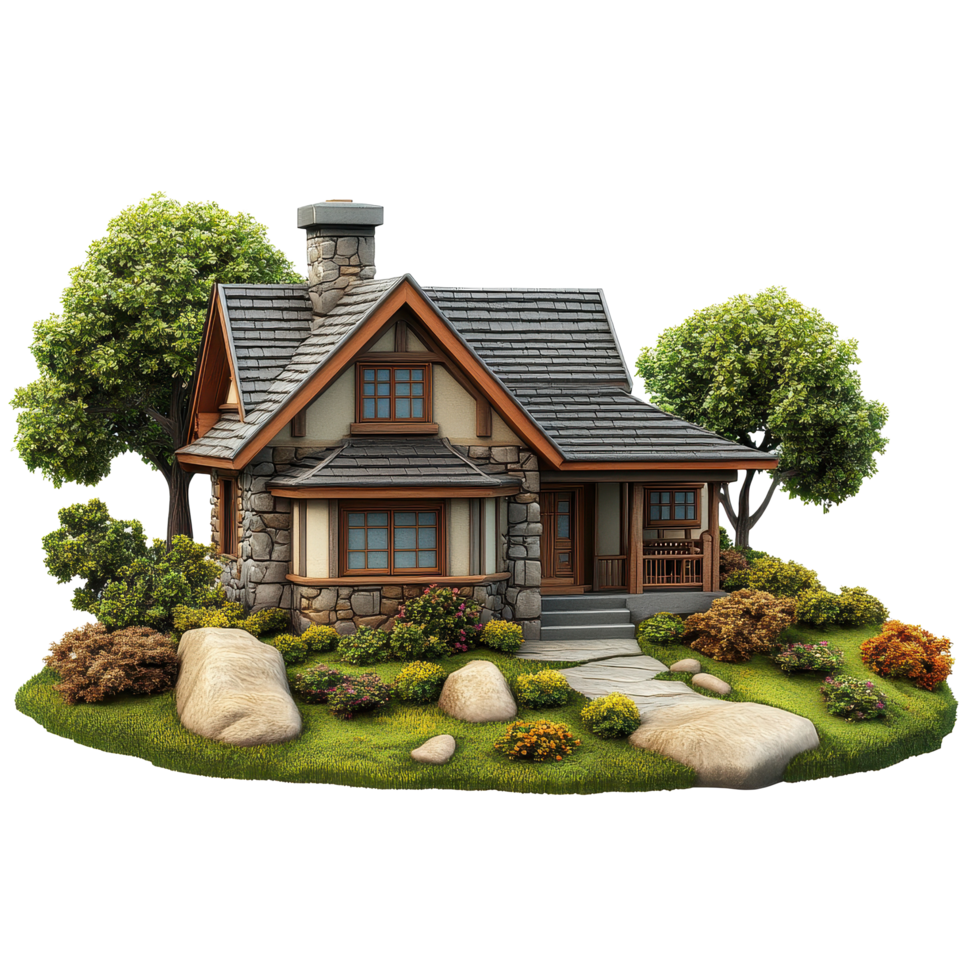 Cozy bungalow cottage surrounded by greenery with a charming rustic design, bungalow cottage, isolated white background png