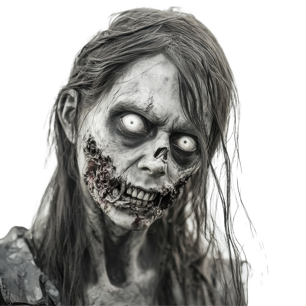 Female zombie with white eyes against a Transparent background showing eerie detail and haunting expression, Portrait a Female Zombie with White Eyes on background png