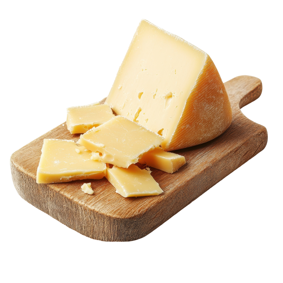 Cheese variety displayed on a wooden board for culinary inspiration and tasting enjoyment, Cheese on a wooden board isolated onisolated on white background png