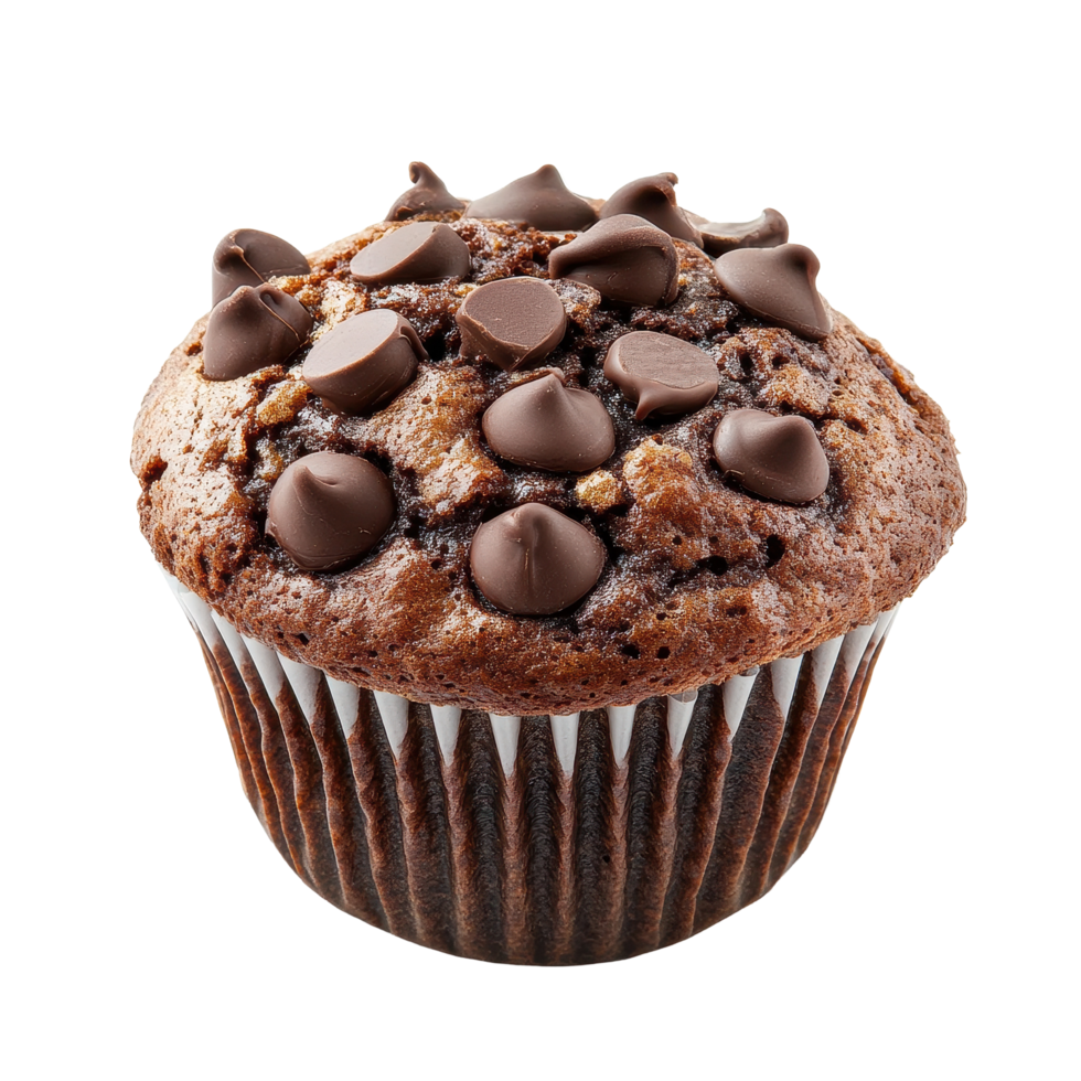 Delicious chocolate muffin presented on a white background with chocolate chips on top, Chocolate Muffinisolated on white background png