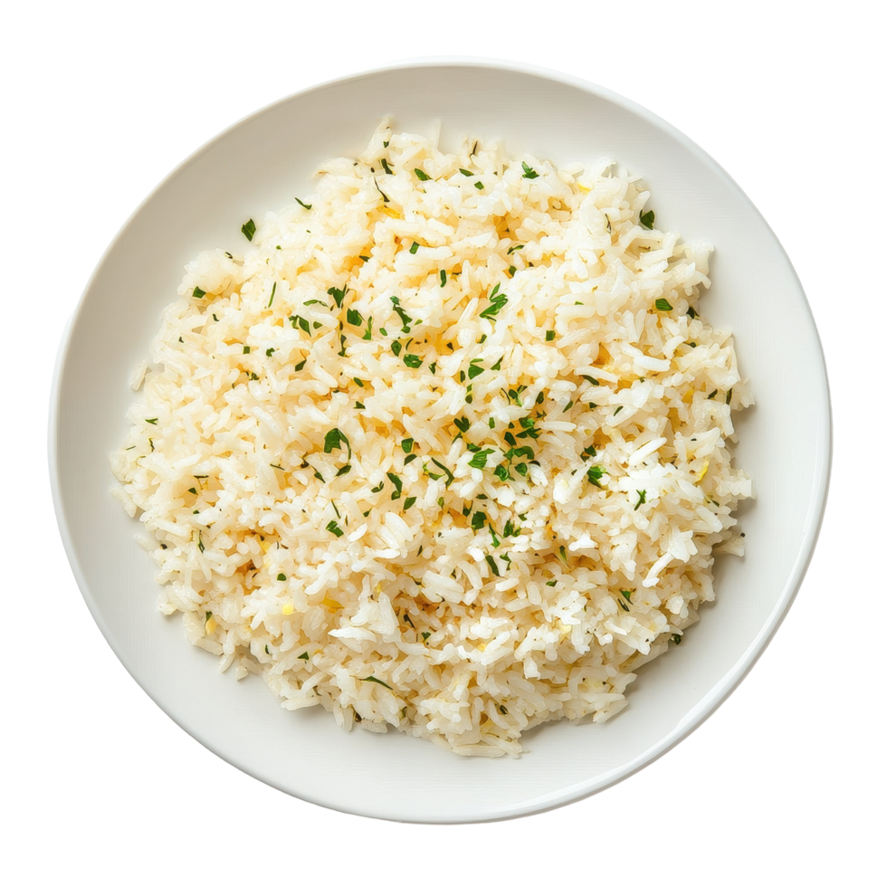 Cooked rice garnished with herbs served in a simple white plate on a clean Transparent background, Cooked rice in white plate on background png