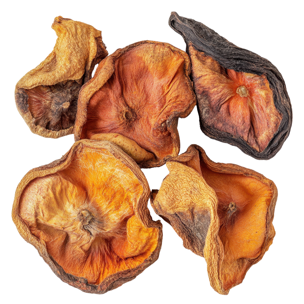Dried persimmons arranged on a Transparent background showcasing their unique textures and colors, dried persimmon on background png