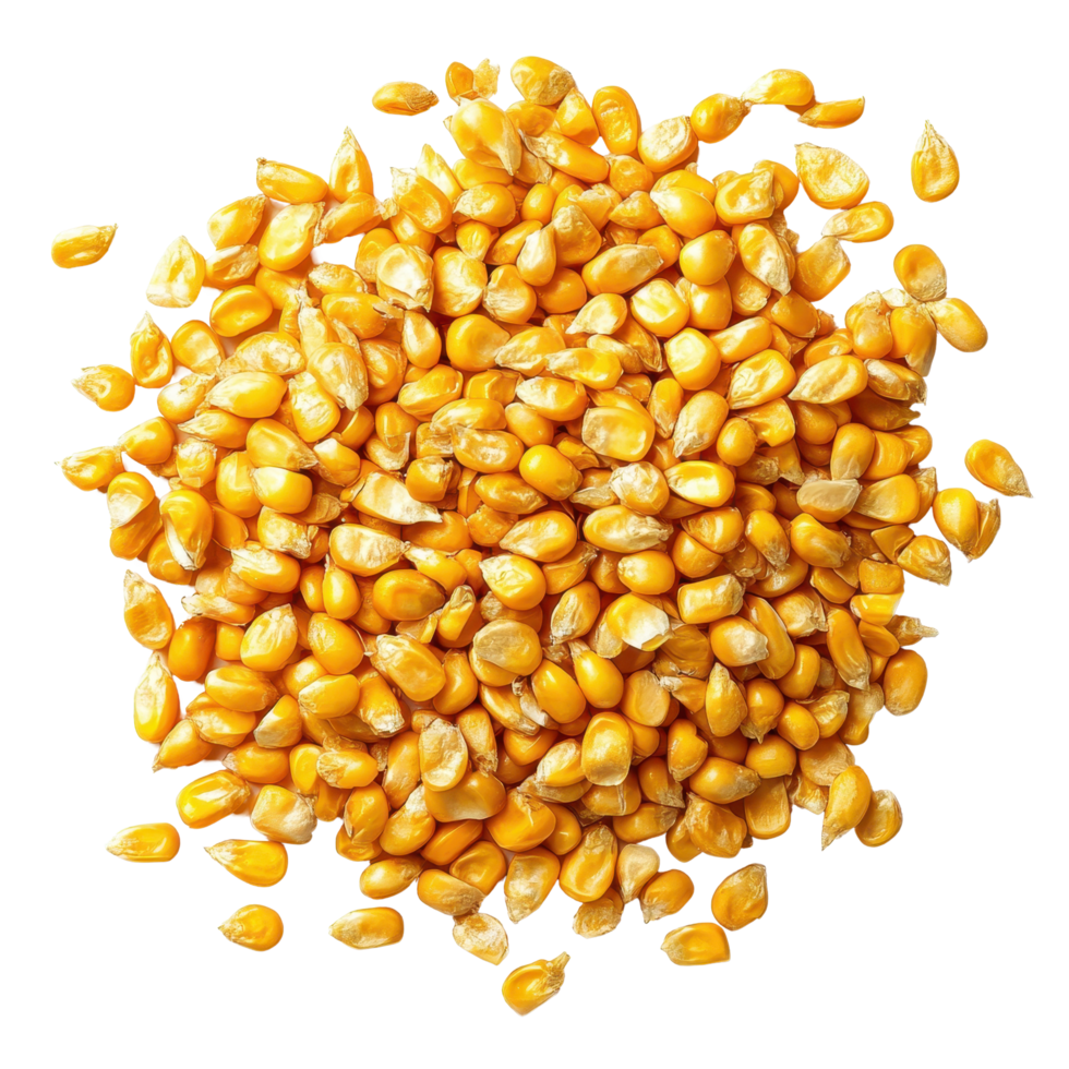 Yellow corn grains scattered on Transparent background showcasing their vibrant color and texture, yellow corn grains on background png