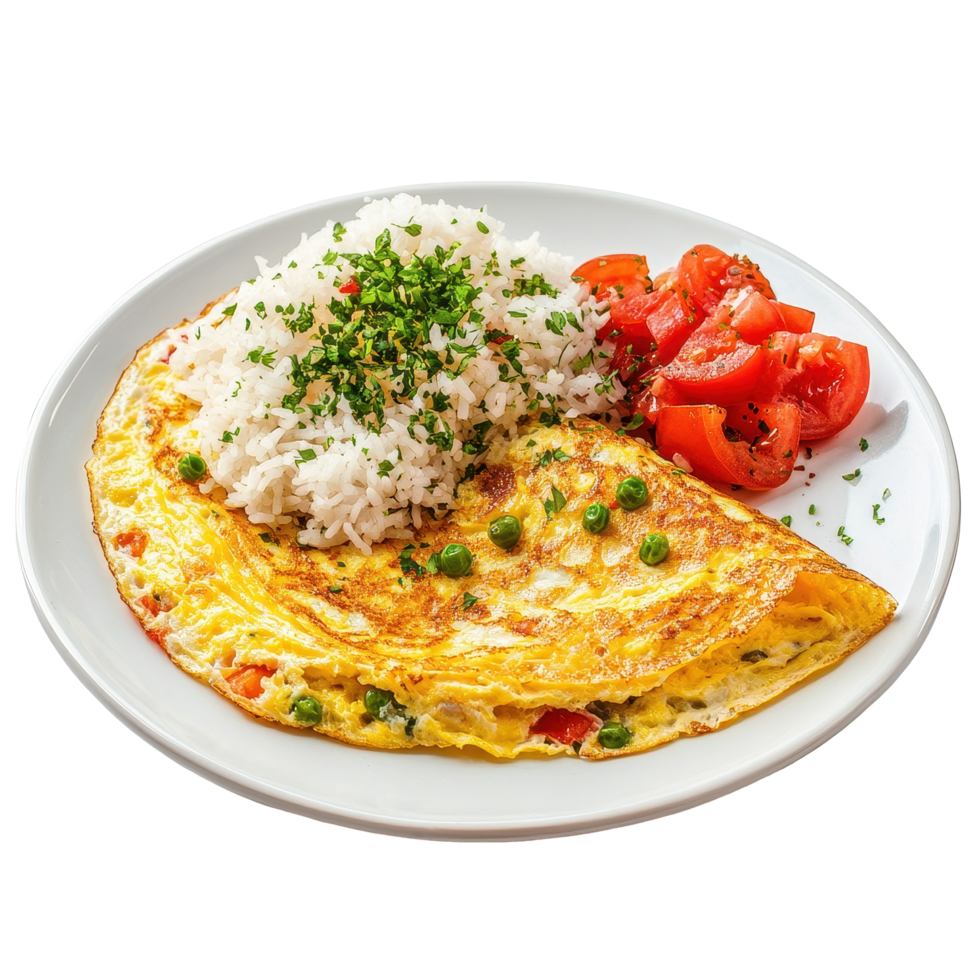 Delicious omelet served with fluffy rice and fresh tomatoes on a white plate, omelet with rice isolated on Transparent background png
