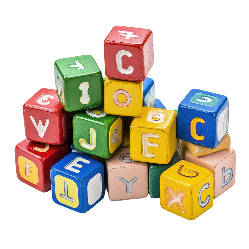 Colorful wooden blocks displaying letters arranged on a bright Transparent background inviting creative playtime and learning, Colorful toy blocks with letters on background png