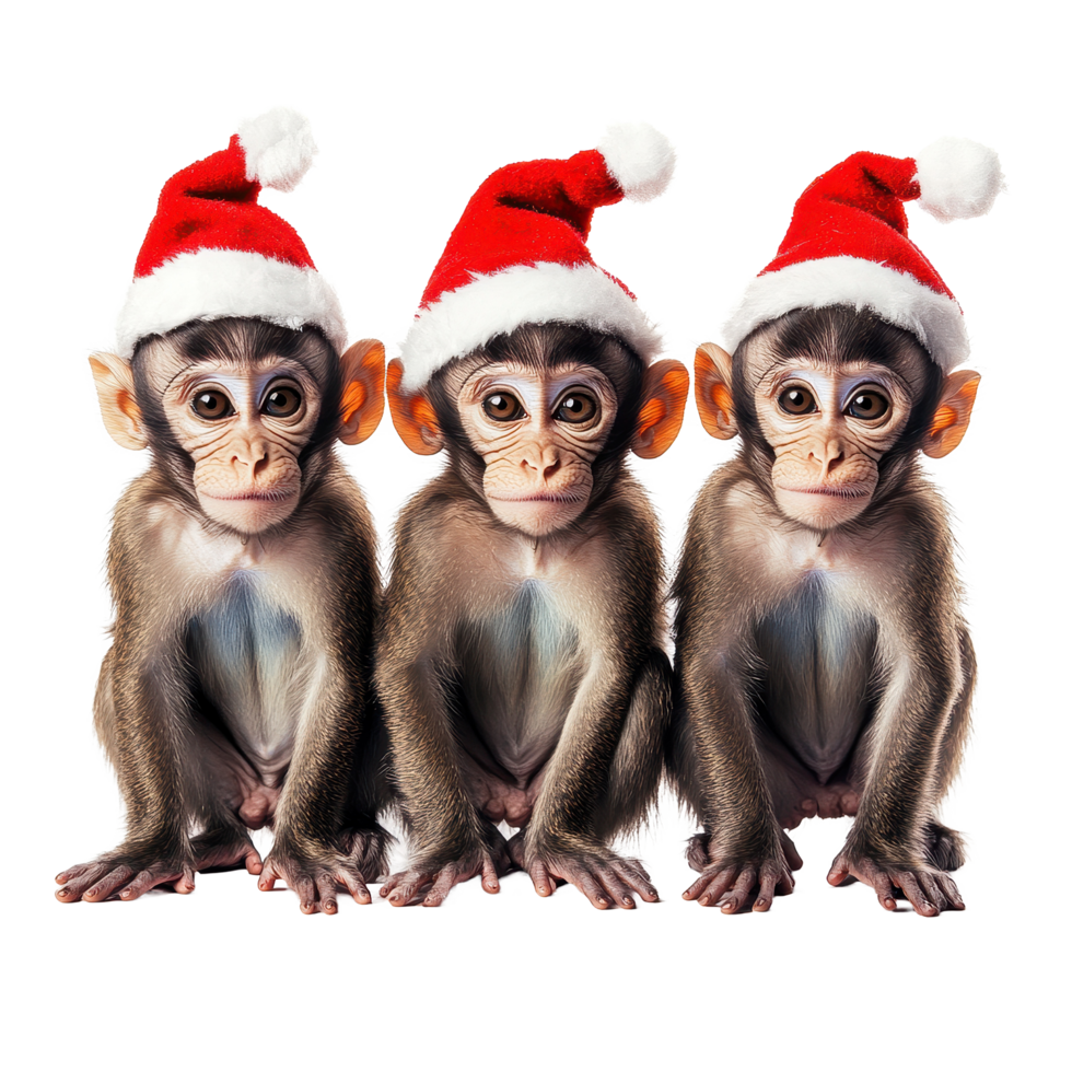 Monkeys wearing Christmas hats creating a festive atmosphere on a Transparent background, Monkeys wearing a christmas hat on background png