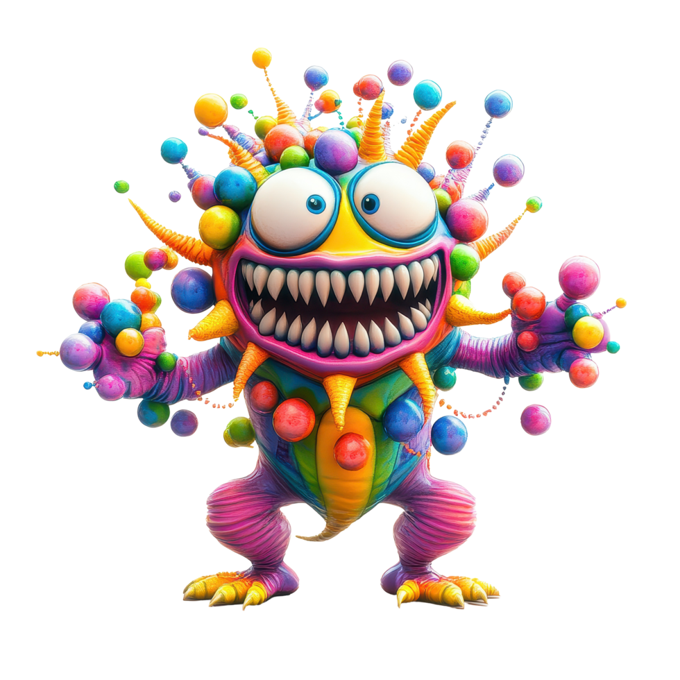 Colorful monster with vivid balls in hands enjoys playful moment in a vibrant setting, colorful monster with many balls in his hands, Transparent background png