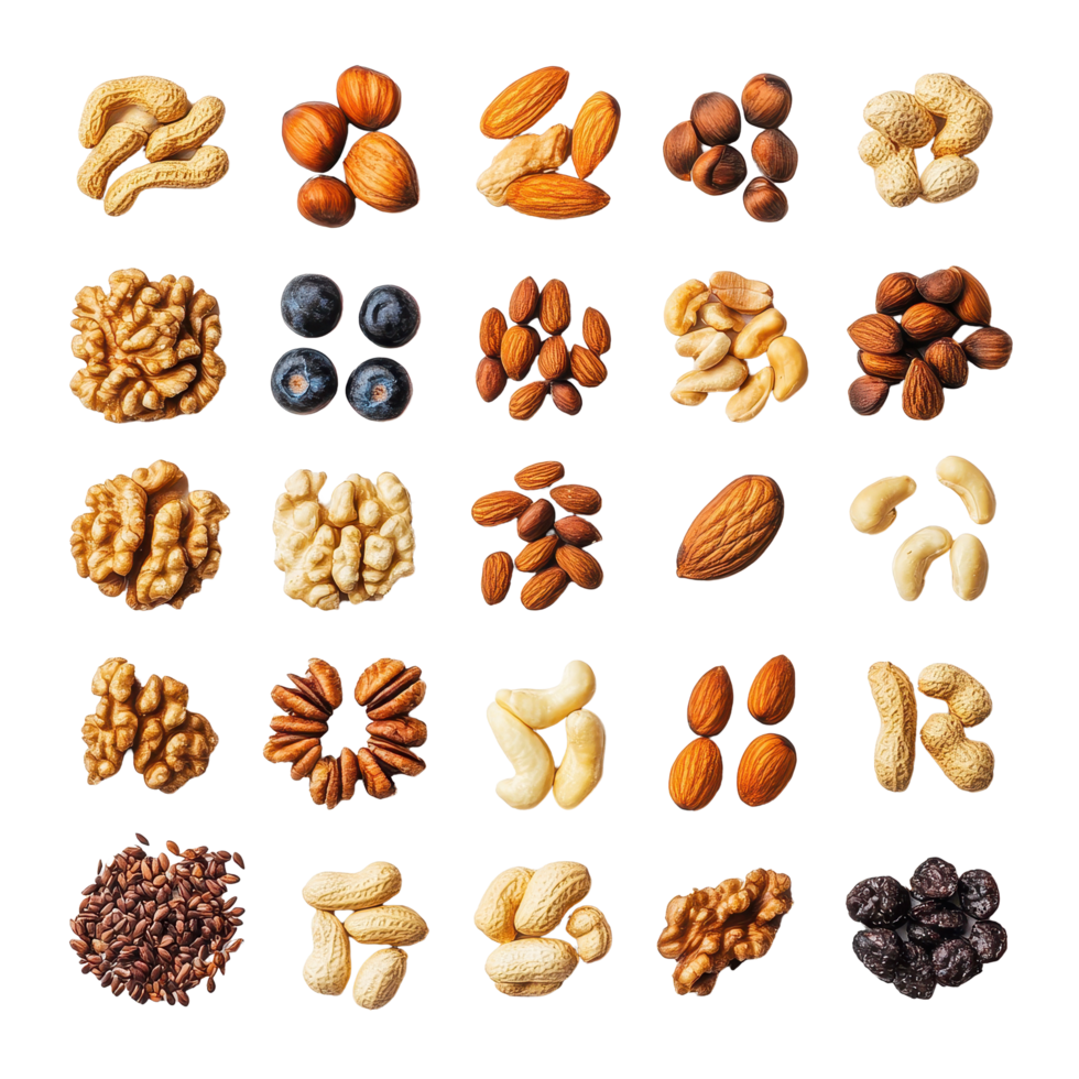 Variety of nuts arranged on a Transparent background showcasing diverse shapes and colors for healthy snacks, Nuts on a background png
