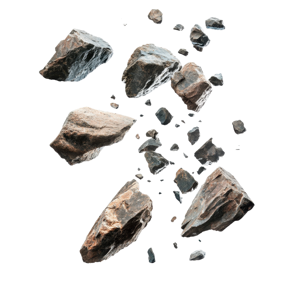 Falling rocks captured in mid air against a clean white background, Falling rocks isolated on white background png