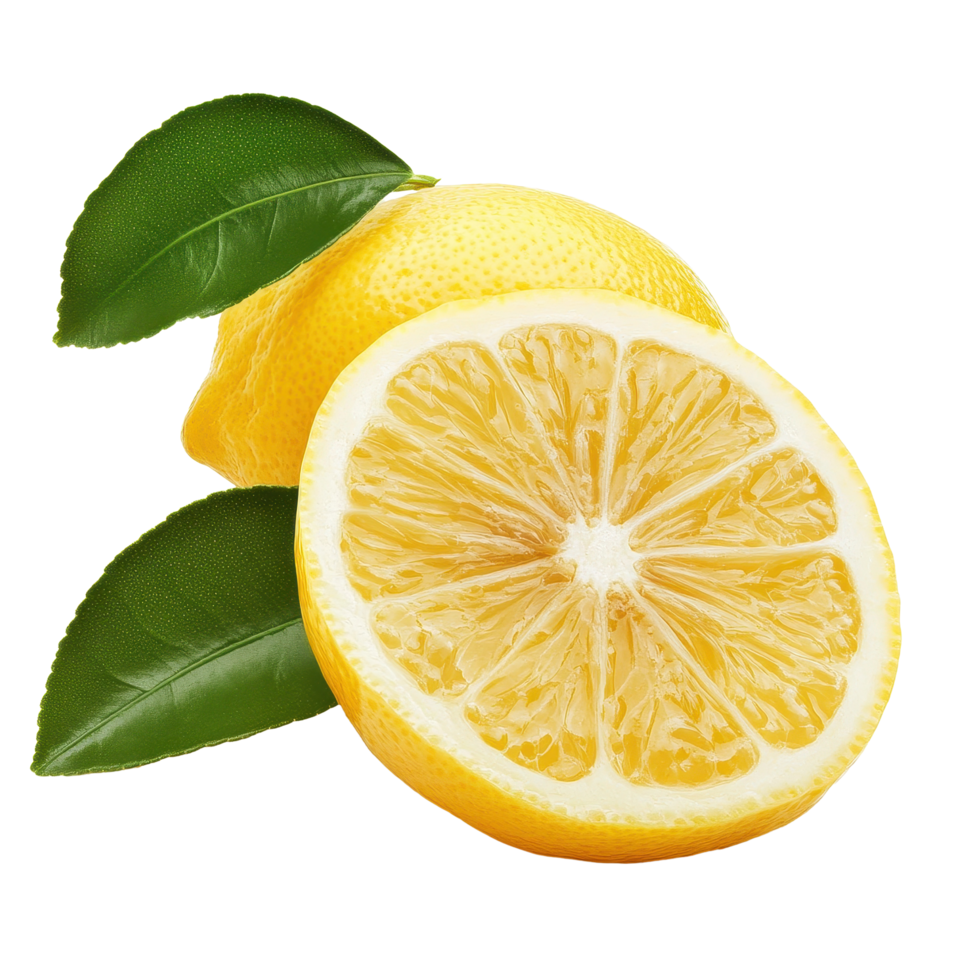 Fresh lemon with vibrant green leaves and a juicy half, perfect for culinary and refreshing drinks, lemon fruit with leaves and half isolated, Fresh and Juicy Lemon, isolated on Transparent background png