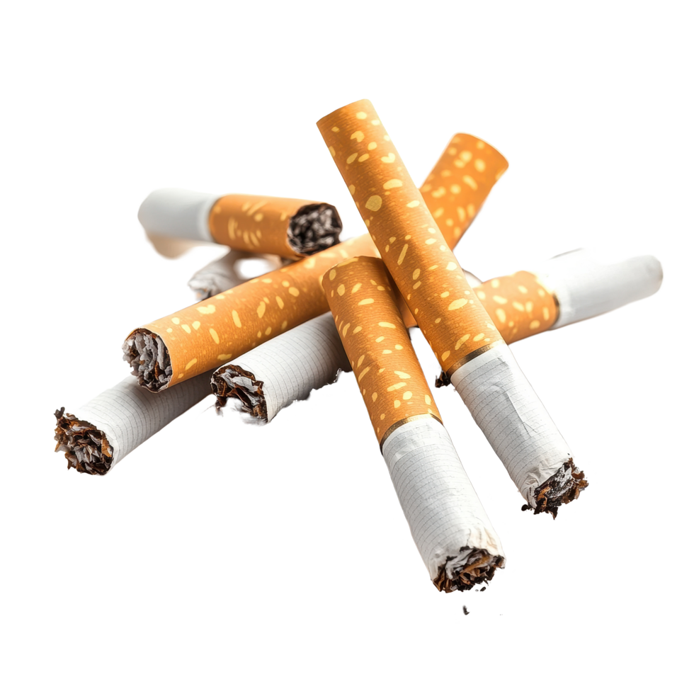 Collection of discarded cigarette butts isolated on a clean background showcasing ash and debris, Cigarette butts Isolated png