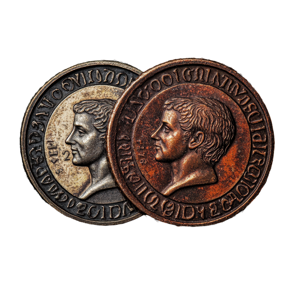 Detailed view of two vintage two penny currency coins showcasing unique designs and historical significance, Two penny currency money coin png