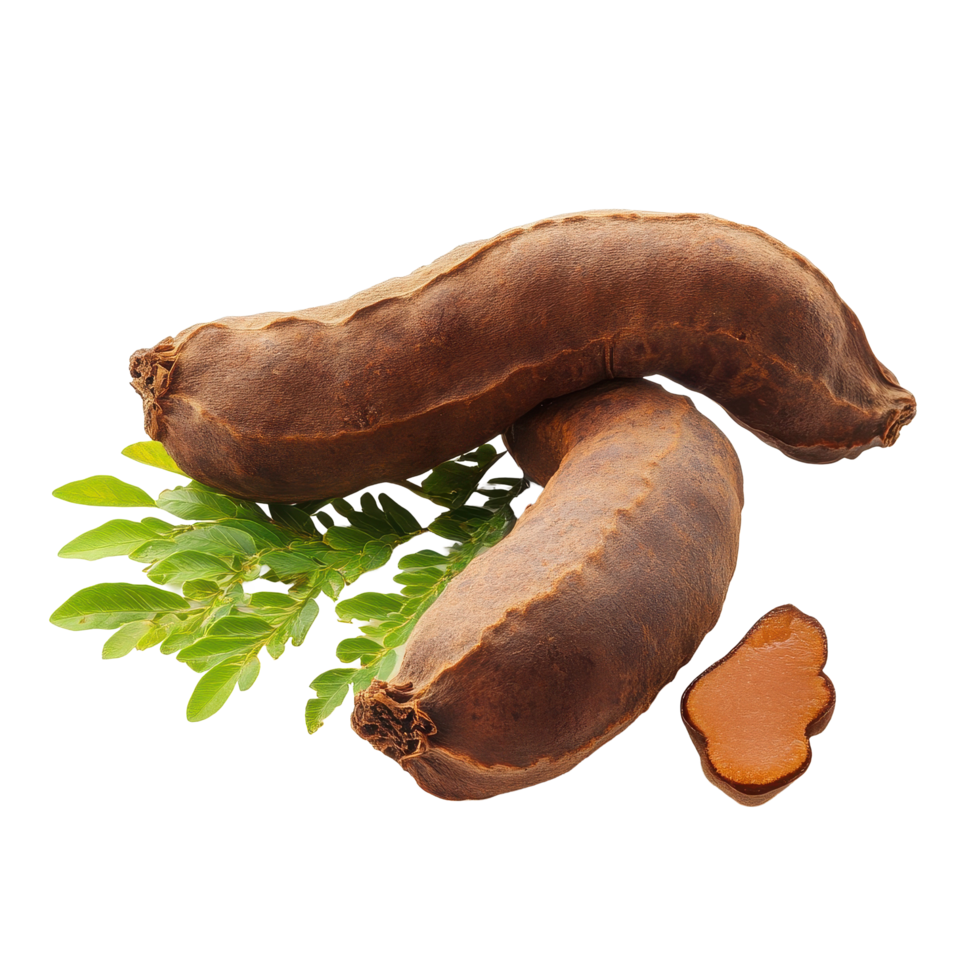 Tamarind pods with green leaves isolated on a Transparent background showcasing natural texture, tamarind with isolated on background png