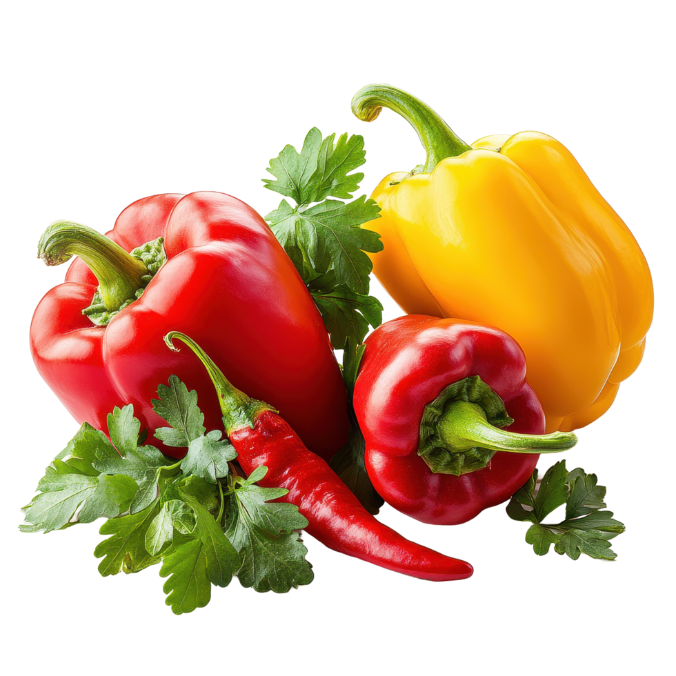 Fresh peppers and coriander leaves arranged on a white background for culinary presentation, fresh peppers and leafisolated on white background png