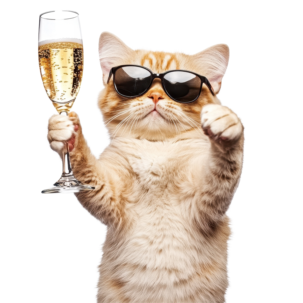 Funny cat wearing sunglasses holds champagne glass in playful celebration on white background, Funny Cat with Champagne Glass On white background Celebration Concept, white background png
