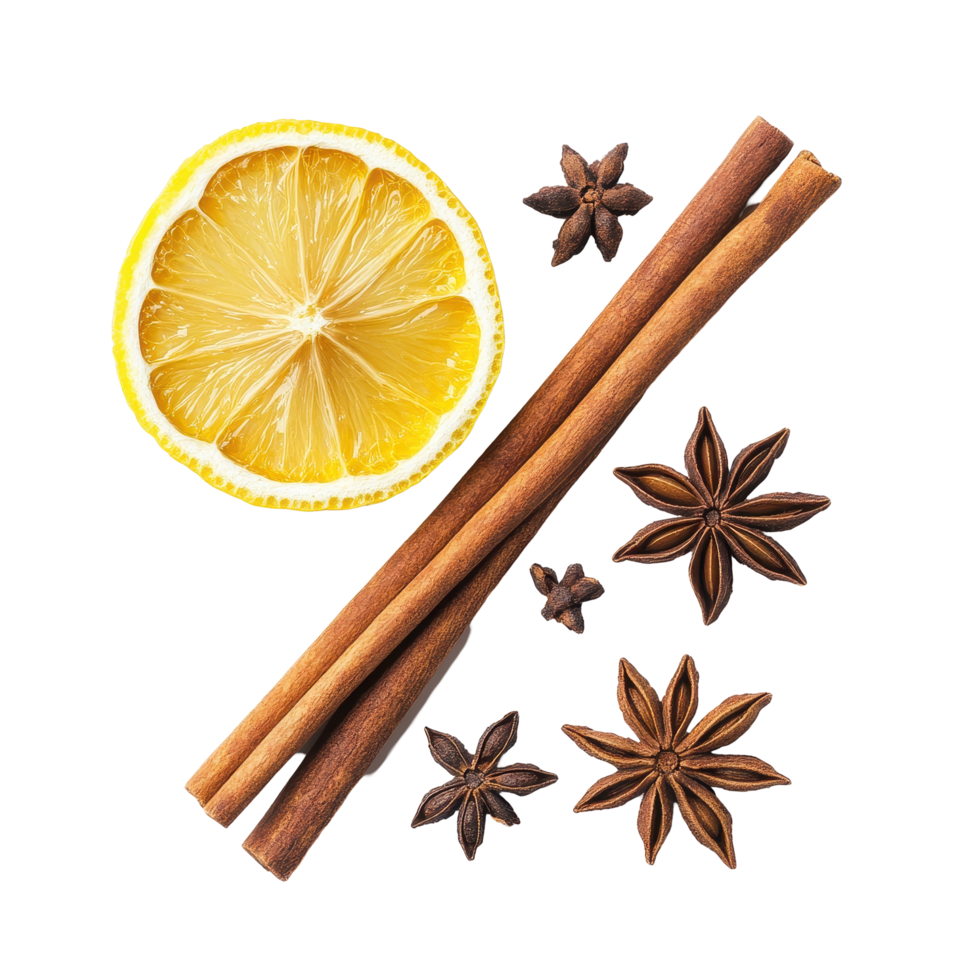Cinnamon sticks, star anise, and dried lemon slice arranged on a white background, Cinnamon stick, star anise and dried lemon isolated on white background png