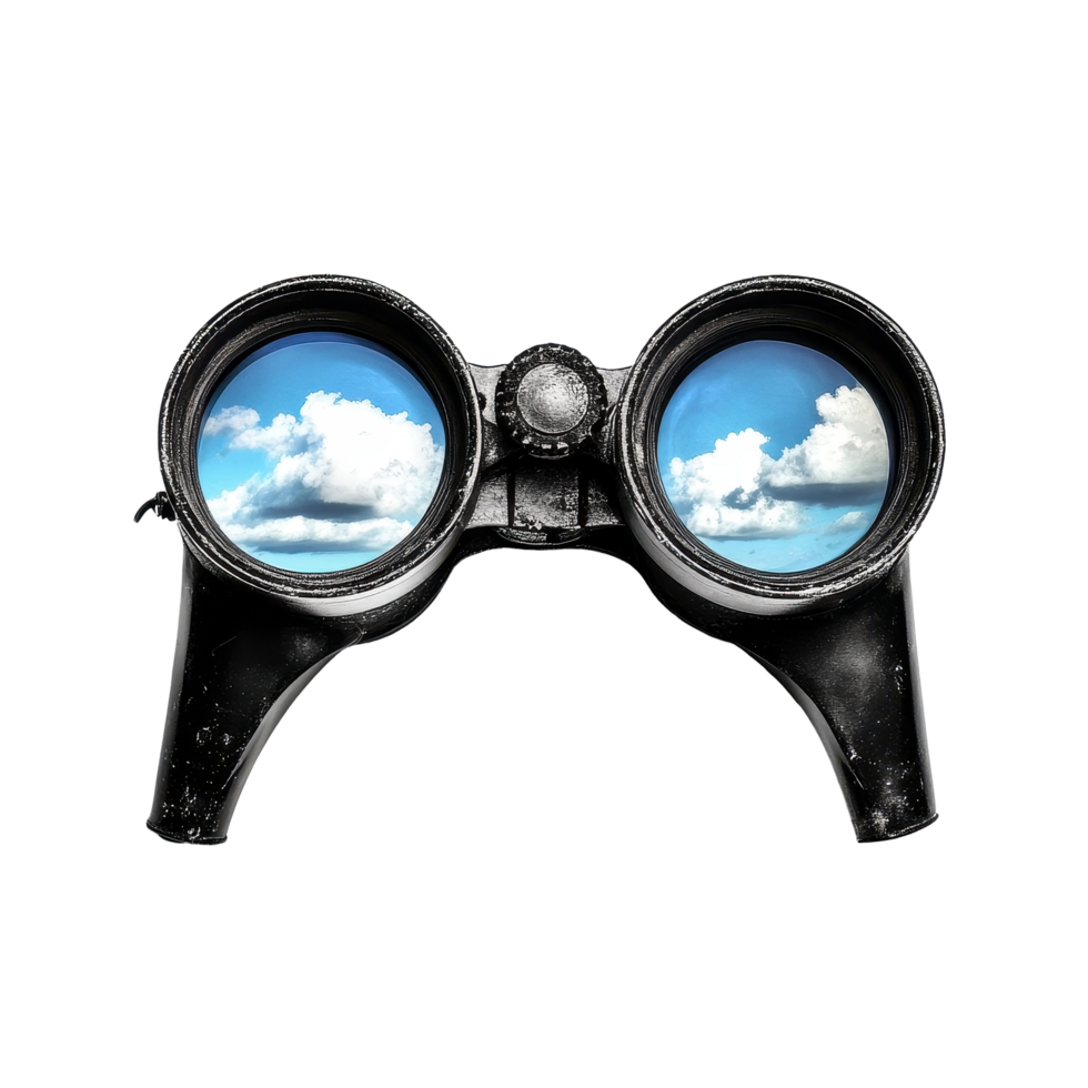 Closeup view of binoculars reflecting a bright sky with clouds, showcasing the beauty of nature, Close up black binocular with sky in glasses isolated on white png