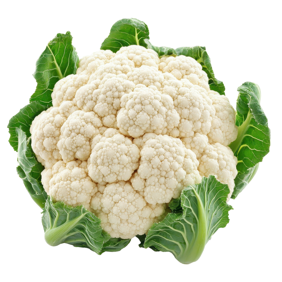 Organic cauliflower with fresh green leaves isolated on a clean Transparent background for culinary uses, Cauliflower isolated on background png