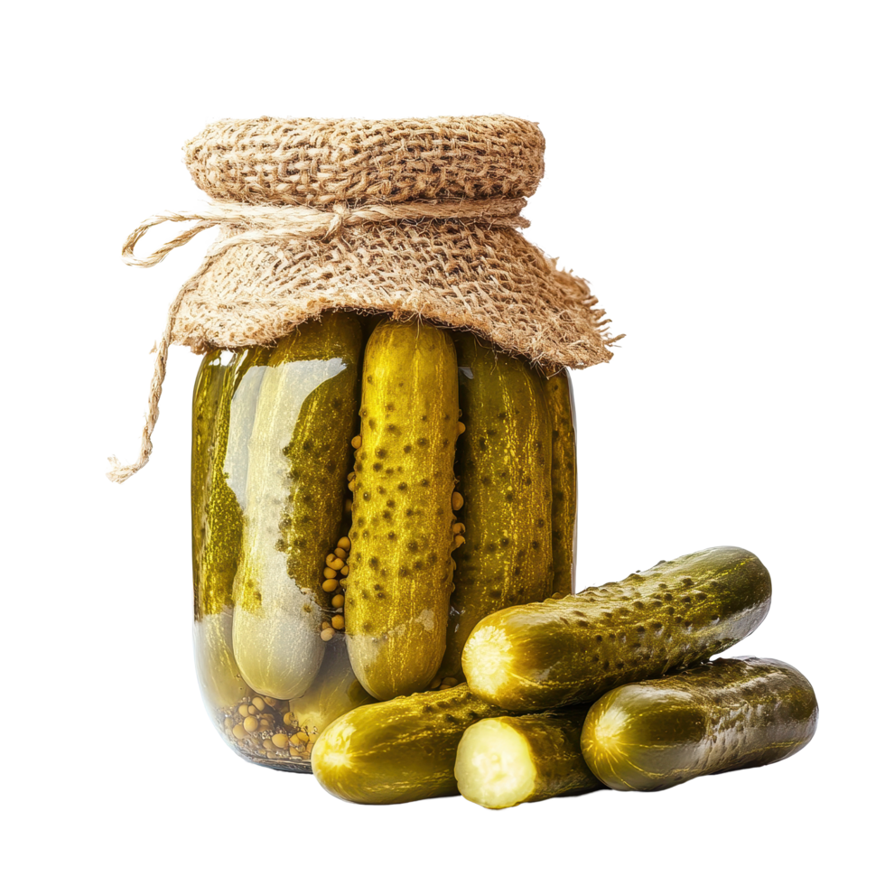 Delicious pickled cucumbers in a jar with additional cucumbers on a Transparent background, Pickled cucumber isolated on background png