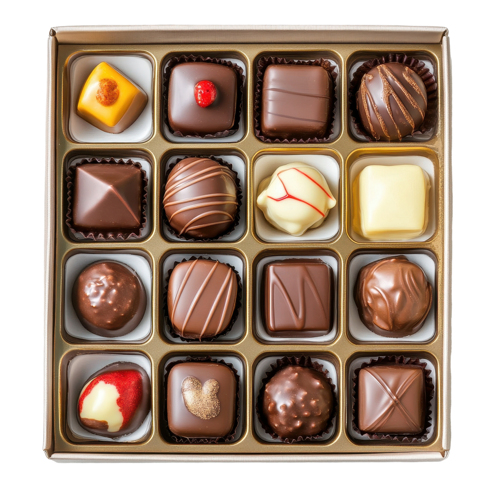 Discover a luxurious assortment of Belgian chocolates in a beautifully arranged box, Top View Luxurious Box Assorted Belgian Chocolates, Transparent background png
