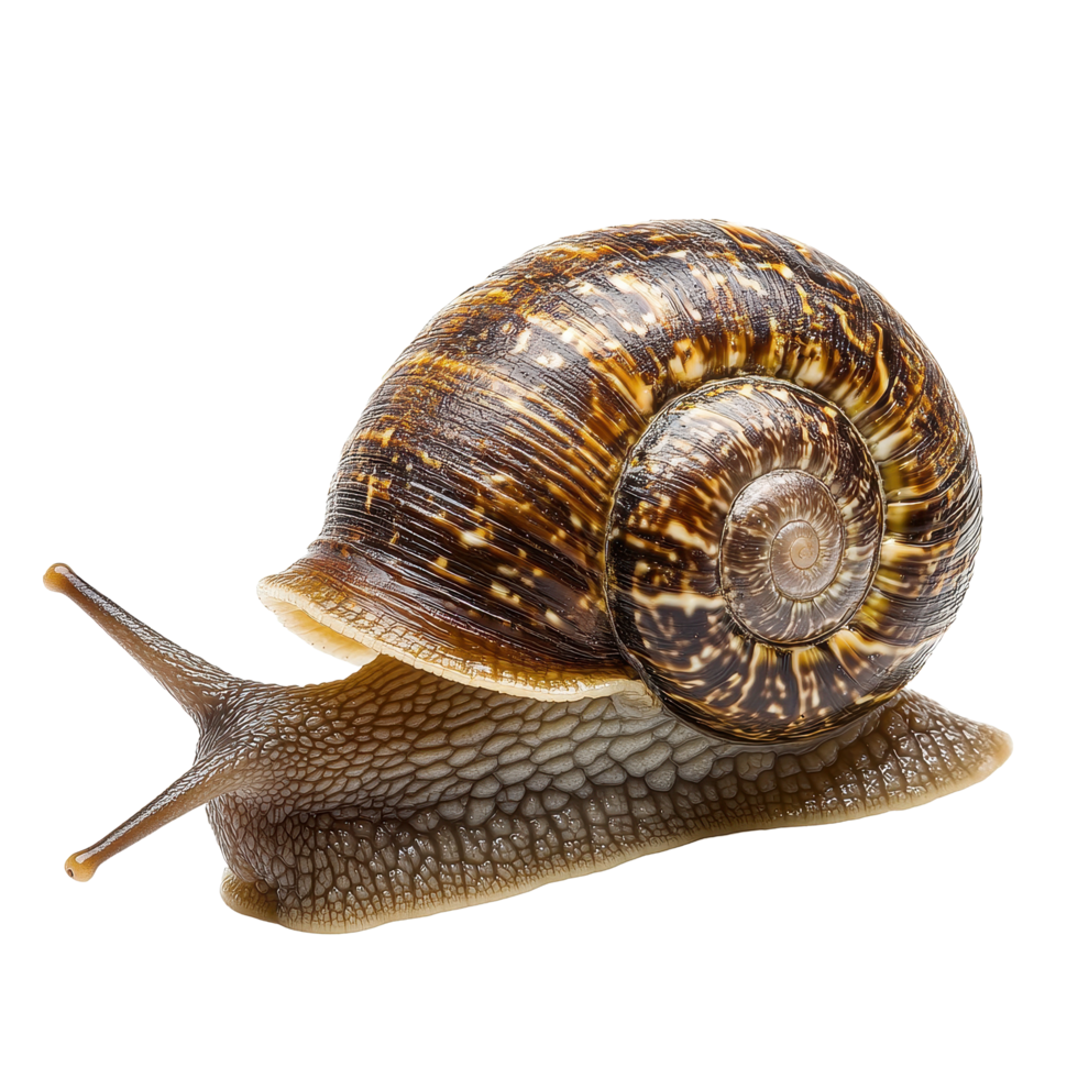 Snail slowly moving across a Transparent background showcasing its elegant shell and distinct features, Snail isolated on background png