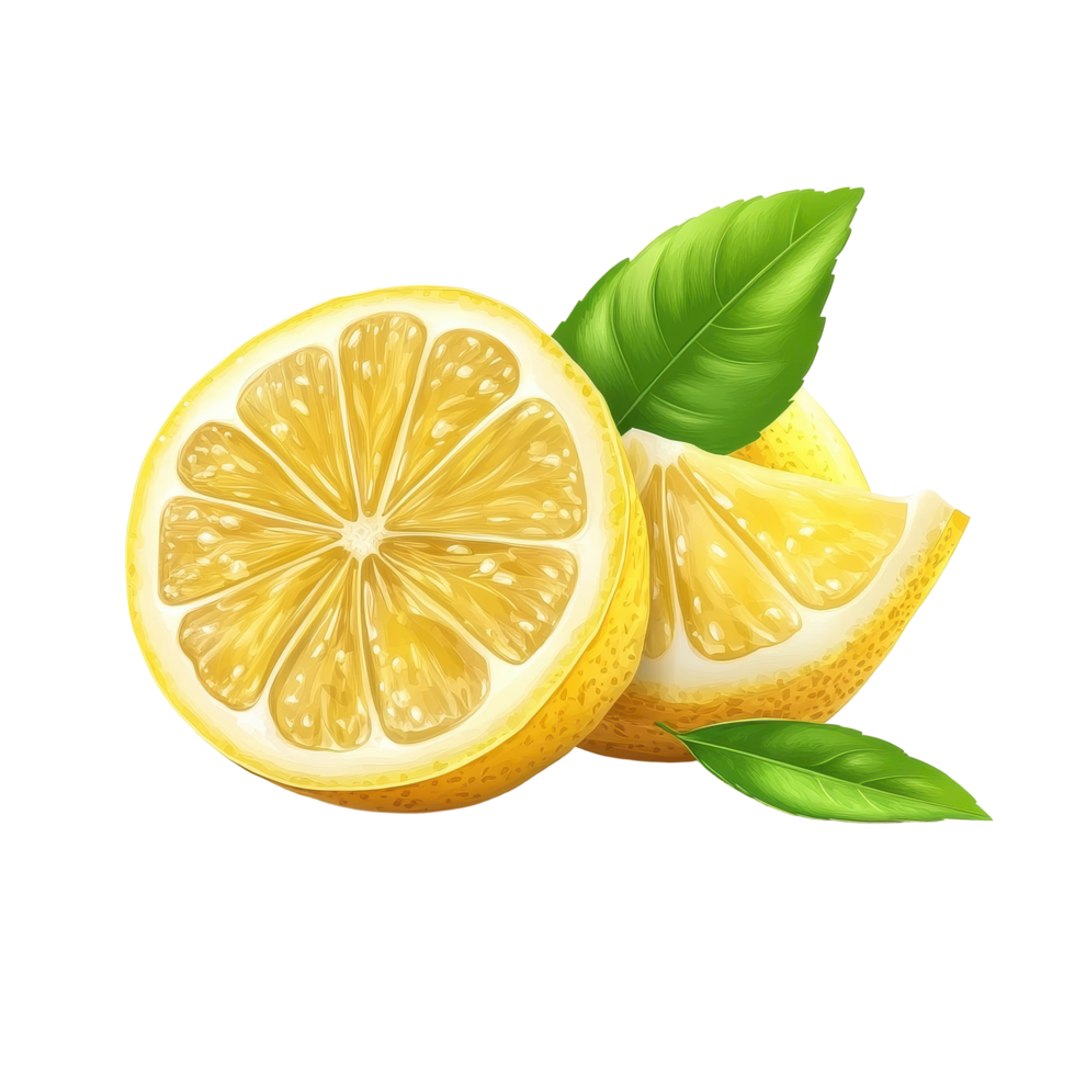 Fresh lemon fruit with vibrant green leaves sliced and halved showcasing juicy inner segments, lemon fruit with leaves, slice and half isolated, Fresh and Juicy LemonTransparent background png