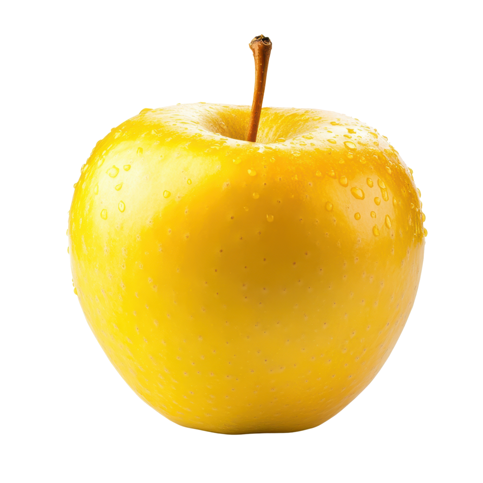 Yellow apple with droplets resting on a clean Transparent background, showcasing its freshness and vibrant color, yellow apple isolated on background png