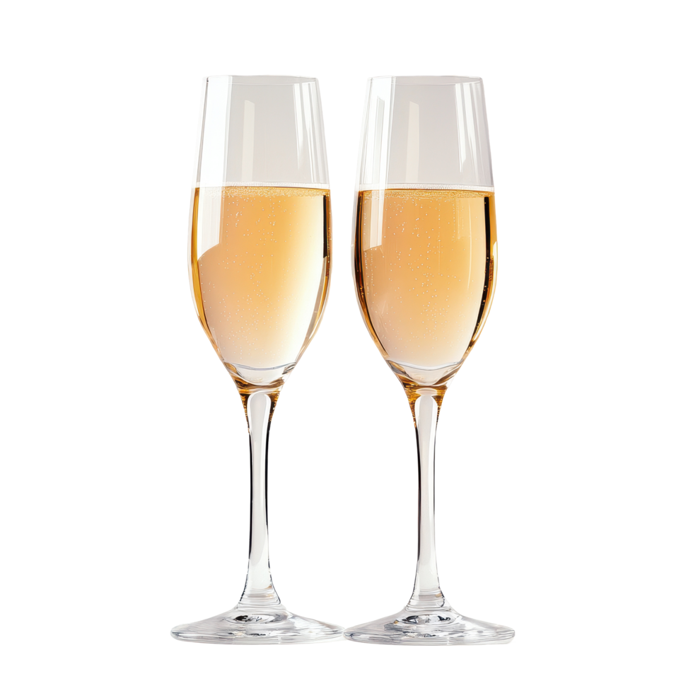 Celebrate with elegant champagne flutes filled with bubbly on a neutral background, two champagne flutes on a Transparent background png