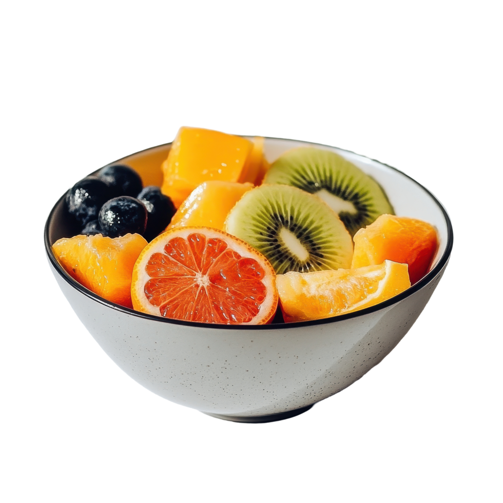 Colorful bowl of sliced fruits on white surface showcasing variety and freshness for healthy eating, bowl sliced fruit sitting on a white surface png